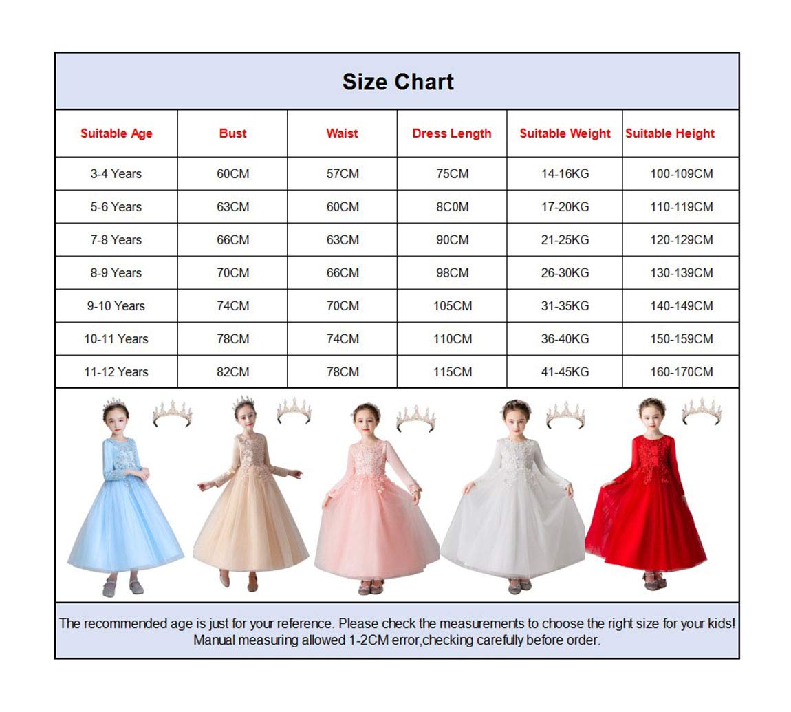 amropi Niñas Vestido de Princesa Fiesta Boda Flor Bordado Largo Manga Tul Vestidos + Corona 3-12 Años