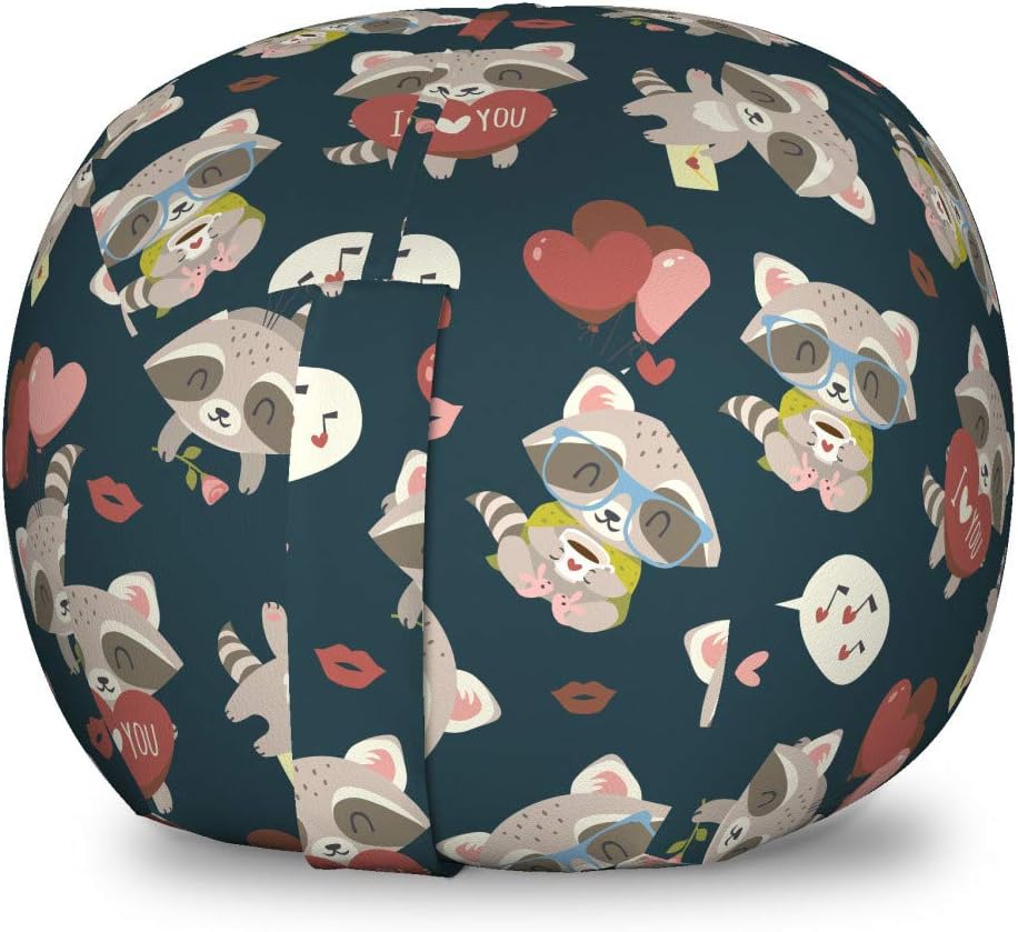 Ambesonne Romantic Storage Toy Bag Chair, Raccoon with I Love You Heart Kisses Birthday Celebration Graphic, Stuffed Animal Organizer Washable Bag, Small Size, Beige Blue