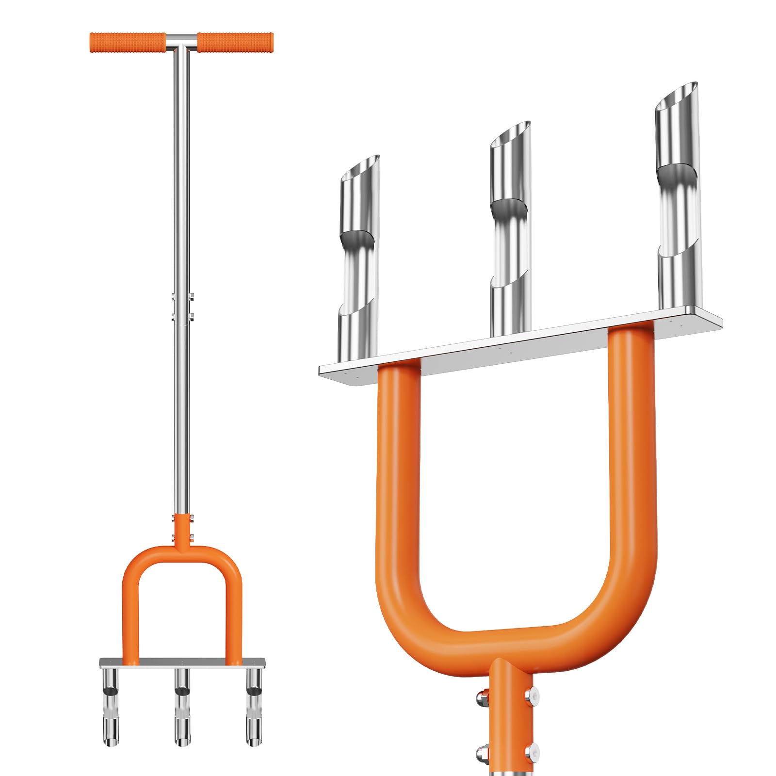 Lawn Core Aerator, Hollow Tine Grass Aerating Tool, Manual Garden Soil Plugger 3 Prong, Stainless Steel Lawn Yard Grass Soil Core Aerator, Manual Lawn Plug Aerators, Core Aeration Tool (Orange)