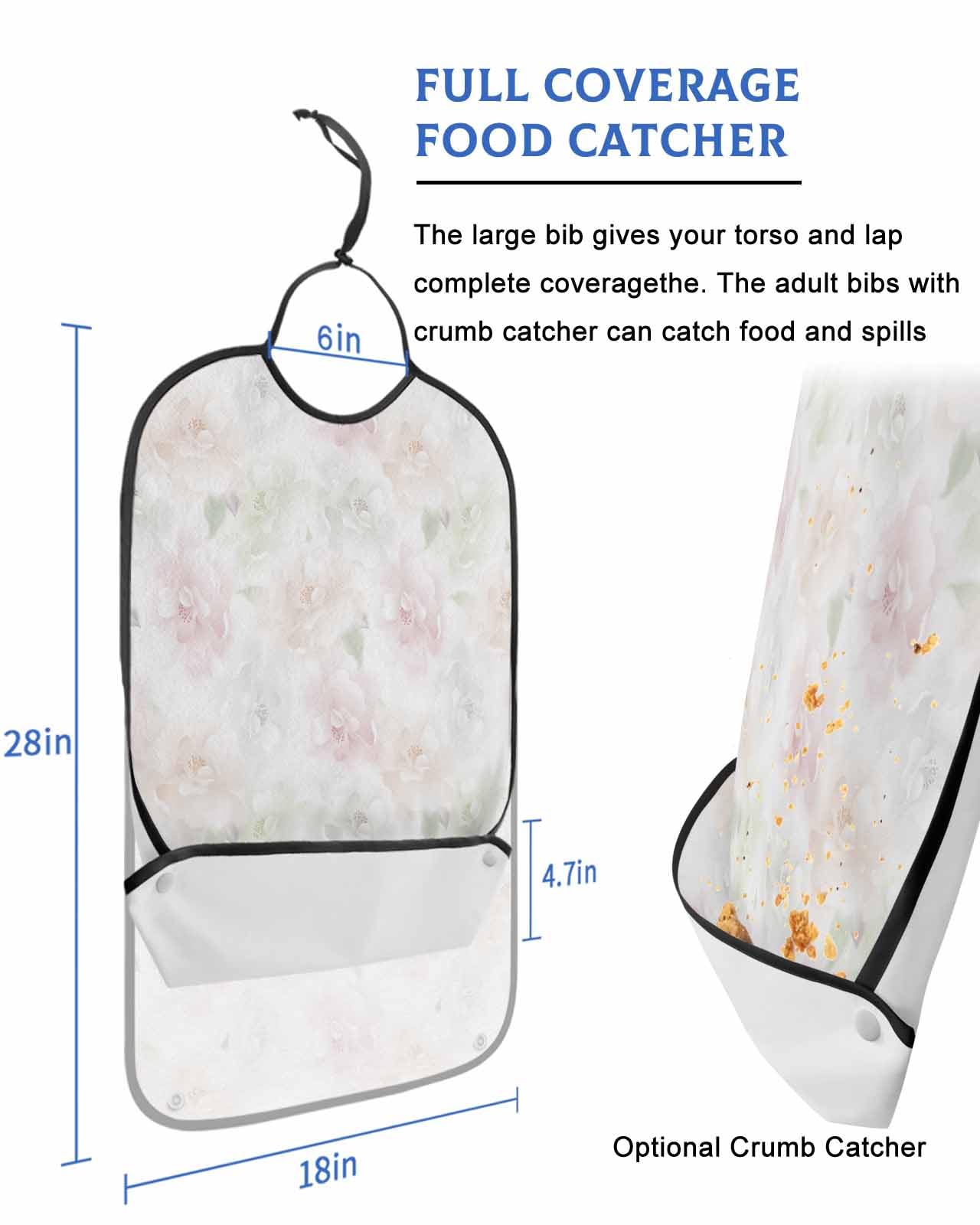 LEOKOTI Pink White Flowers Adult Bibs for Eating, Waterproof Bibs with Food Catcher & Snap Closure, Spring Floral Summer Botanical Elegant Washable Clothing Protectors Adult Bibs for Elderly