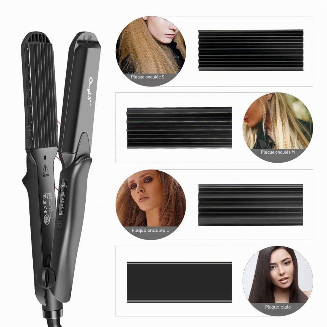 Lisseur Cheveux 4 en 1, avec 4 plaques interchangeables de fer à friser plat en céramique, lisseur cheveux avec Gant Anti-brûlure, Fers à friser pour la texture en Ondulations zigzag & volume