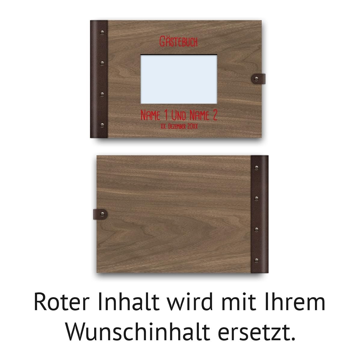 Personalisiertes Hochzeit Gästebuch echtes Holz DIN A4 mit Platz für Foto auf der ersten Seite - Rechteck - mit 72 Blatt / 144 Seiten Naturpapier Weiß
