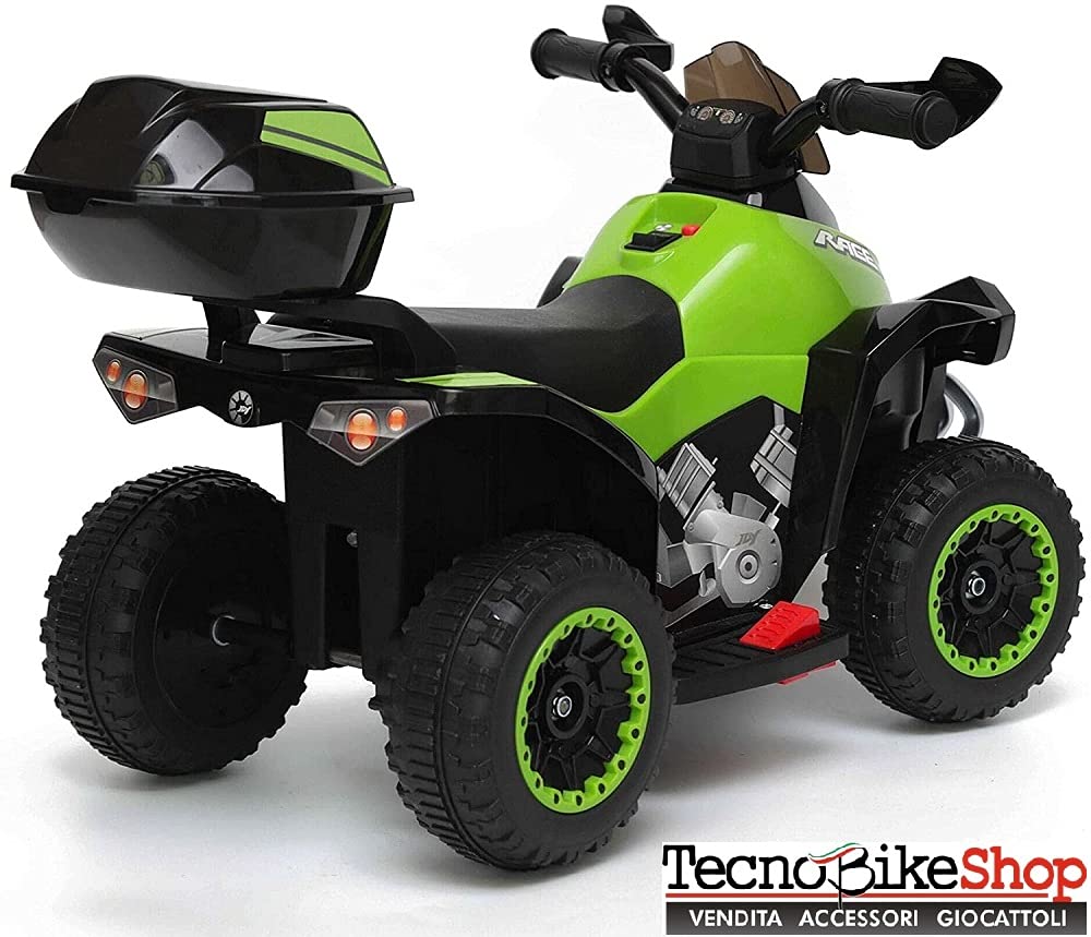 Tecnobike Shop Mini Quad Deluxe 6V luci Suoni Batteria Ricaricabile Marcia Avanti e Indietro Baluetto e Parabrezza (Verde)