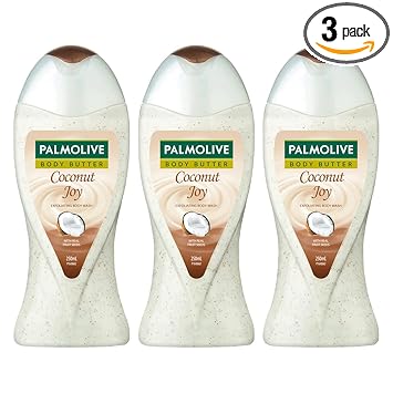 Palmolive Coconut Joy Body Wash, Cr?me Based Exfoliator with Real Apricot Seeds and Jojoba Butter Extracts - pH Balanced, No Parabens, No Silicones, 250ml Bottle (Pack of 3)