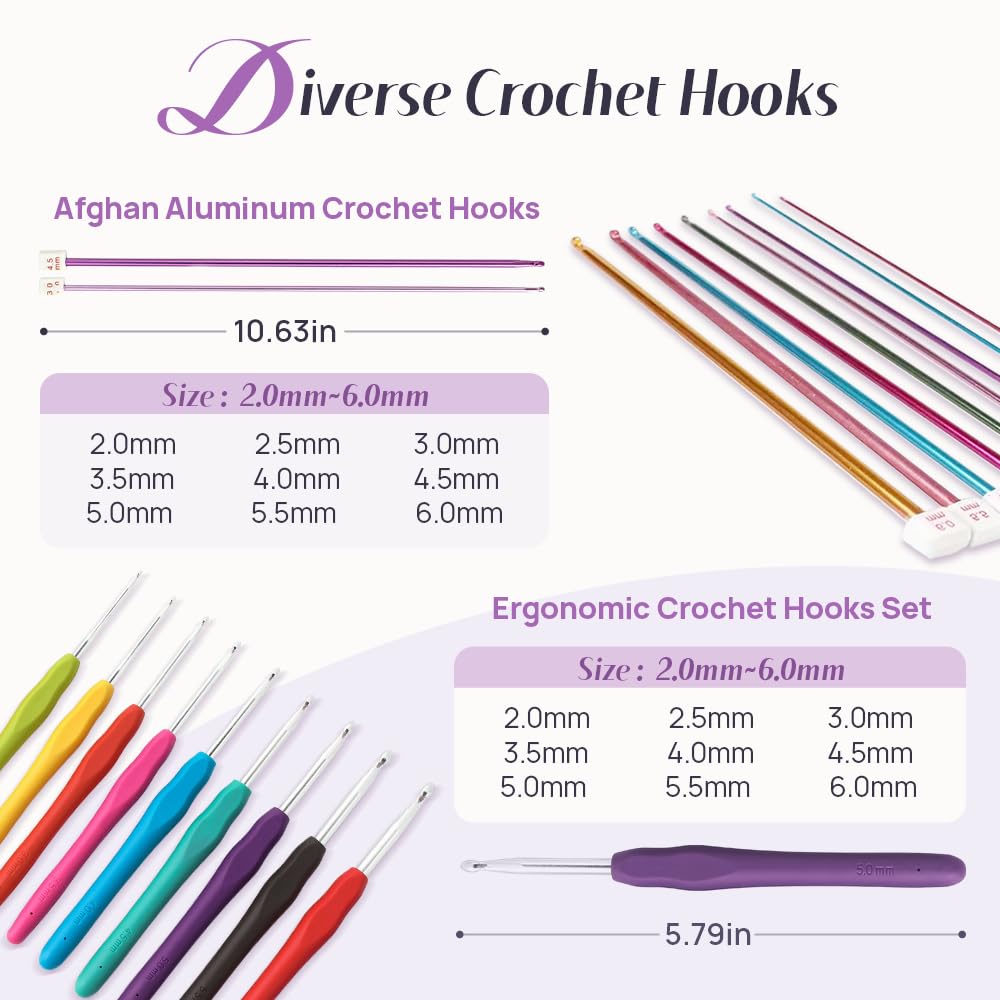 Lewhoo Häkelsets für Anfänger und Erwachsene, All-Inclusive-Häkelset mit 9 Häkelnadeln in 9 Größen, afghanische Häkelnadeln 2,0–6,0 mm, 1130 Meter Garnknäuel, Stricksets, Aufbewahrungs-Organizer