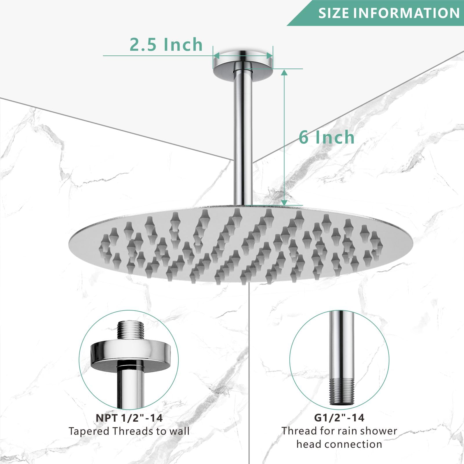Voolan Shower Arm with Flange, Ceiling Mounted Round Fixed Shower Pipe, Bathroom Straight Rain Shower Replacement Arm - Image 2