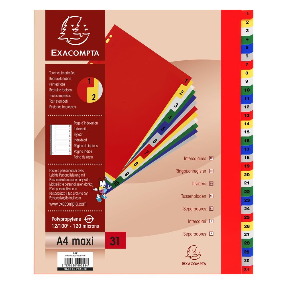 Exacompta - Nr ref. 88E - karton z 20 zakładkami z polipropylenu z 31 drukowanymi cyfrowo zakładkami od 1 do 31 w kolorze - strona indeksu do nadruku - do formatu A4 Maxi - wymiary 24,5 x 29,7 cm