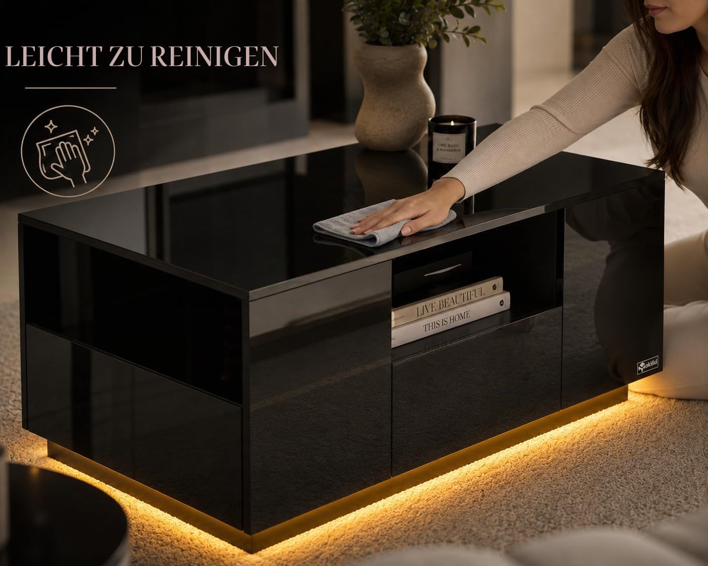 LED Couchtisch Wohnzimmertisch Sofatisch Kaffeetisch Beistelltisch - mit Ablage und Schubladen - Fernsehtisch aus Holz Wohnzimmer Möbel Tisch Kommode Fernseher Design - Schwarz Hochglanz