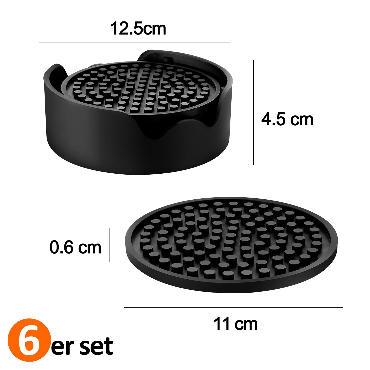 INF Set de 6 dessous de verre en silicone avec support Noir INF Set de 6 dessous de verre en silicone avec support Noir