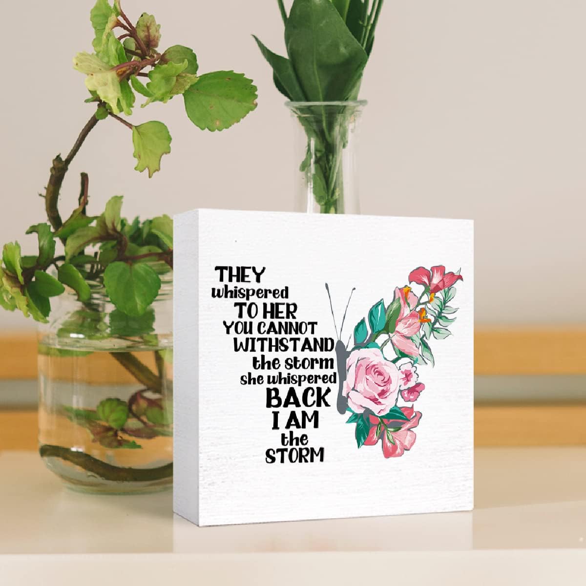 Inspirational Wood Box Sign I Am The Storm Floral Butterfly Wooden Block Signs Girl Power Desk Décor for Home Office Bedroom Table Décor,Cheer Up Gifts for Women Girl Friend - Image 4