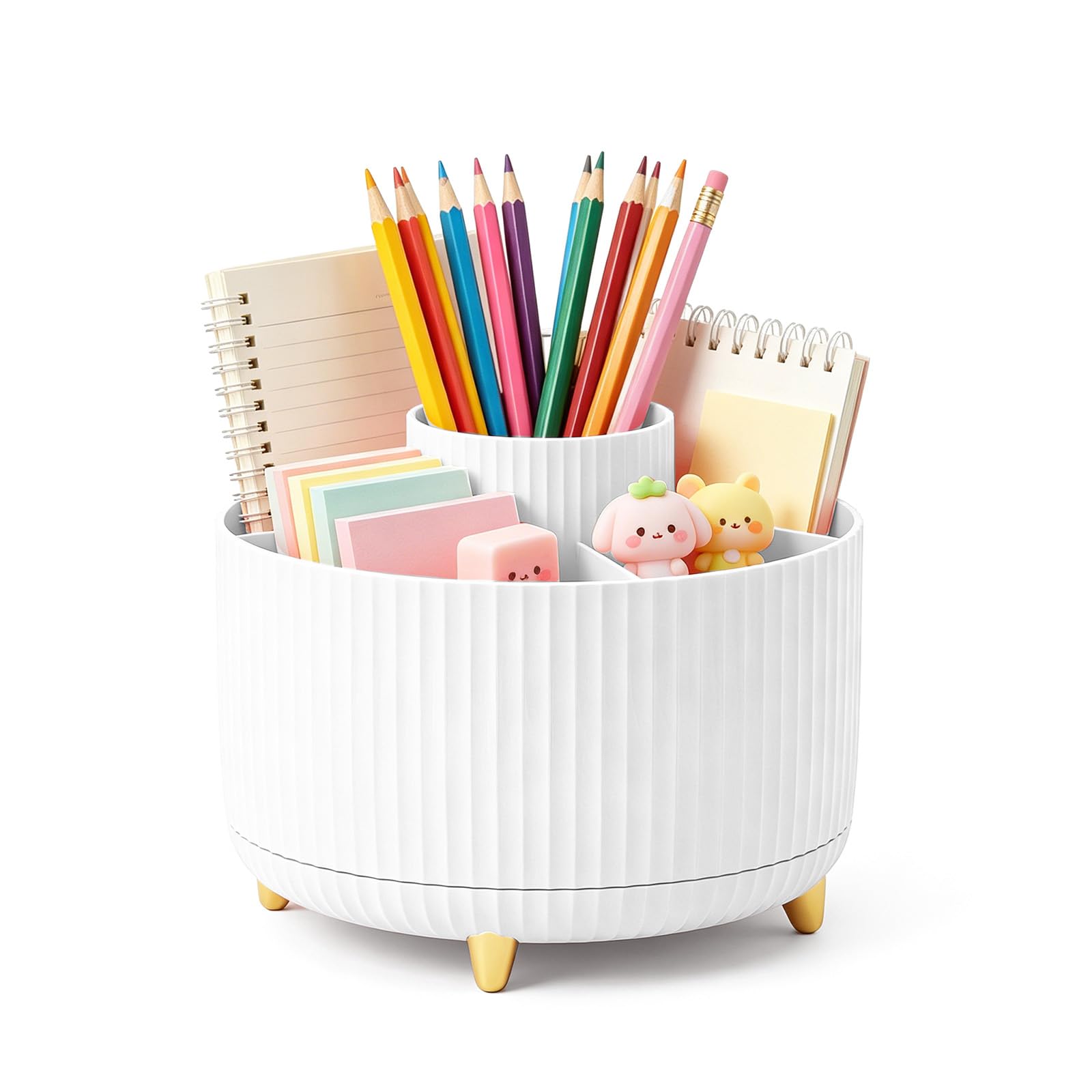 Elezeal Rotatable Pen Holder, 360-Degree Rotating Pencil Cup with 5 Compartments, Cute Makeup Brush Holder, Pen Pot Organiser, Desktop Storage Caddy for Office, Makeup, School, Dorm Supplies(White)