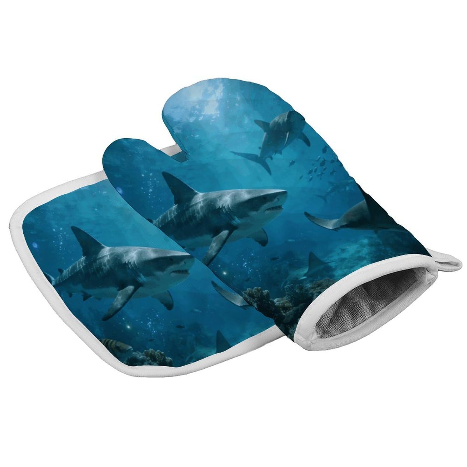 Fodpand Style Sharks In The Underwater World Oven Mitt Set With Lanyard, Cooking Mitt, Protective Thermal Insulation,Kitchen Mitt For Baking, Cooking, Grilling, Microwave