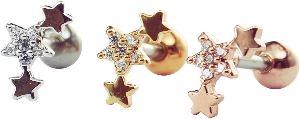 HiUnni 16g Dainty Star Cartilage Earring, Helix Conch Ear Stud, Surgical Steel, 1pc (Rose Gold, 3/8" (10mm))