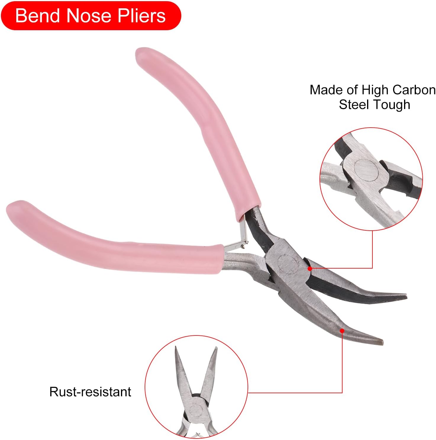 HARFINGTON Bend Nose Pliers 5" Mini Jewelry Pliers Bent Chain-Nose Pliers with PVC Handle for Jewelry Making Hand Tools Beading Hobby Work Craft, Pink