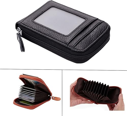 Miniatura 3 de boshiho Tarjetero con bloqueo RFID de cuero genuino para tarjetas de crédito, organizador compacto con cremallera alrededor de estilo acordeón