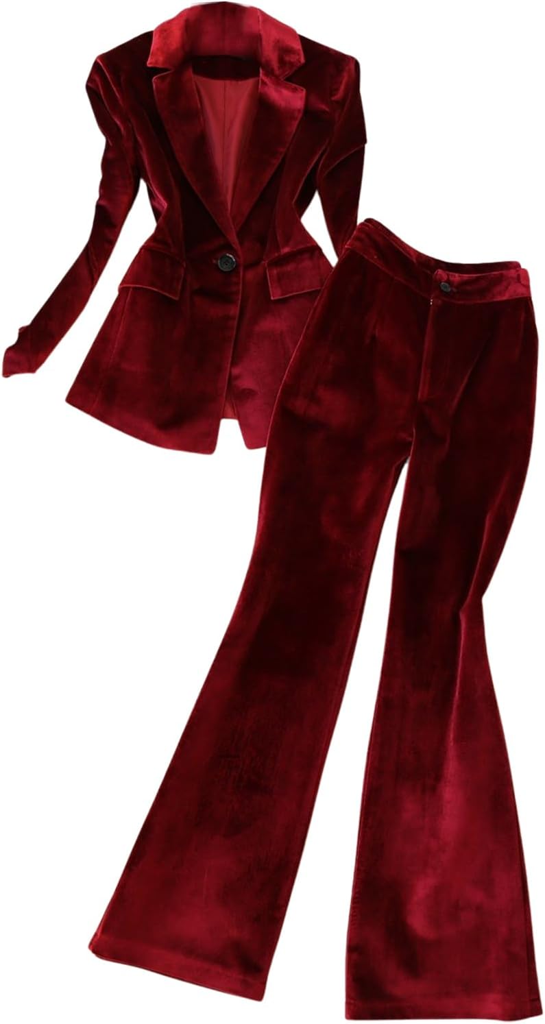 Women's 2 Pieces Velvet Suit Office Work Notch Lapel One Button Jacket Pants Business Tuxedos Set