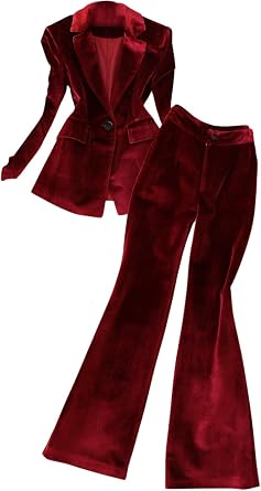 Womens 2 Pieces Velvet Suit Office Work Notch Lapel One Button Jacket Pants Business Tuxedos Set