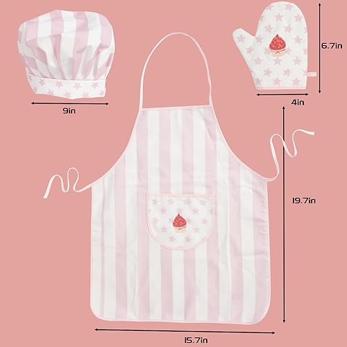 Miniatura 2 de Juego de delantal y sombrero de chef, 3 piezas para niños, juego de rol, juguete de chef, regalo de cocina para niñas y niños (rosa)