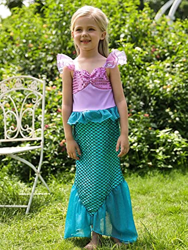 Eledobby Little Mermaid Dress For Girls Ariel Costume Kids Halloween Outfits Birthday Party Princess Dress Up With Accessories Blue 3-4T #TOP1
