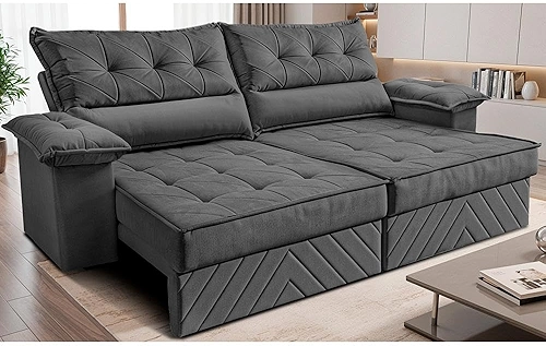 Sofá Retrátil e Reclinável 2,10m com Molas e Espuma D33 Thunder Velusoft Cinza Cama Inbox