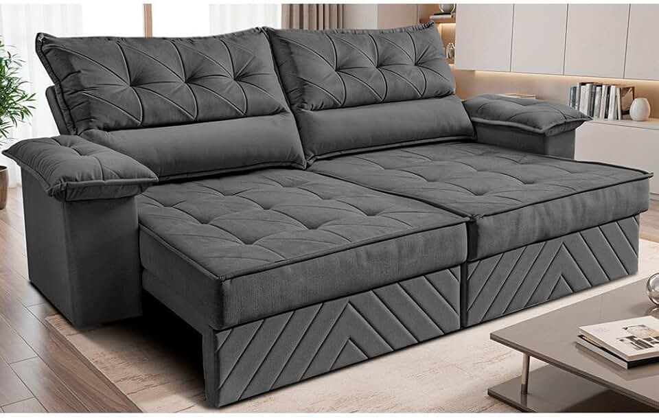 Sofá Retrátil e Reclinável 2,40m com Molas e Espuma D33 Thunder Velusoft Cinza Cama Inbox