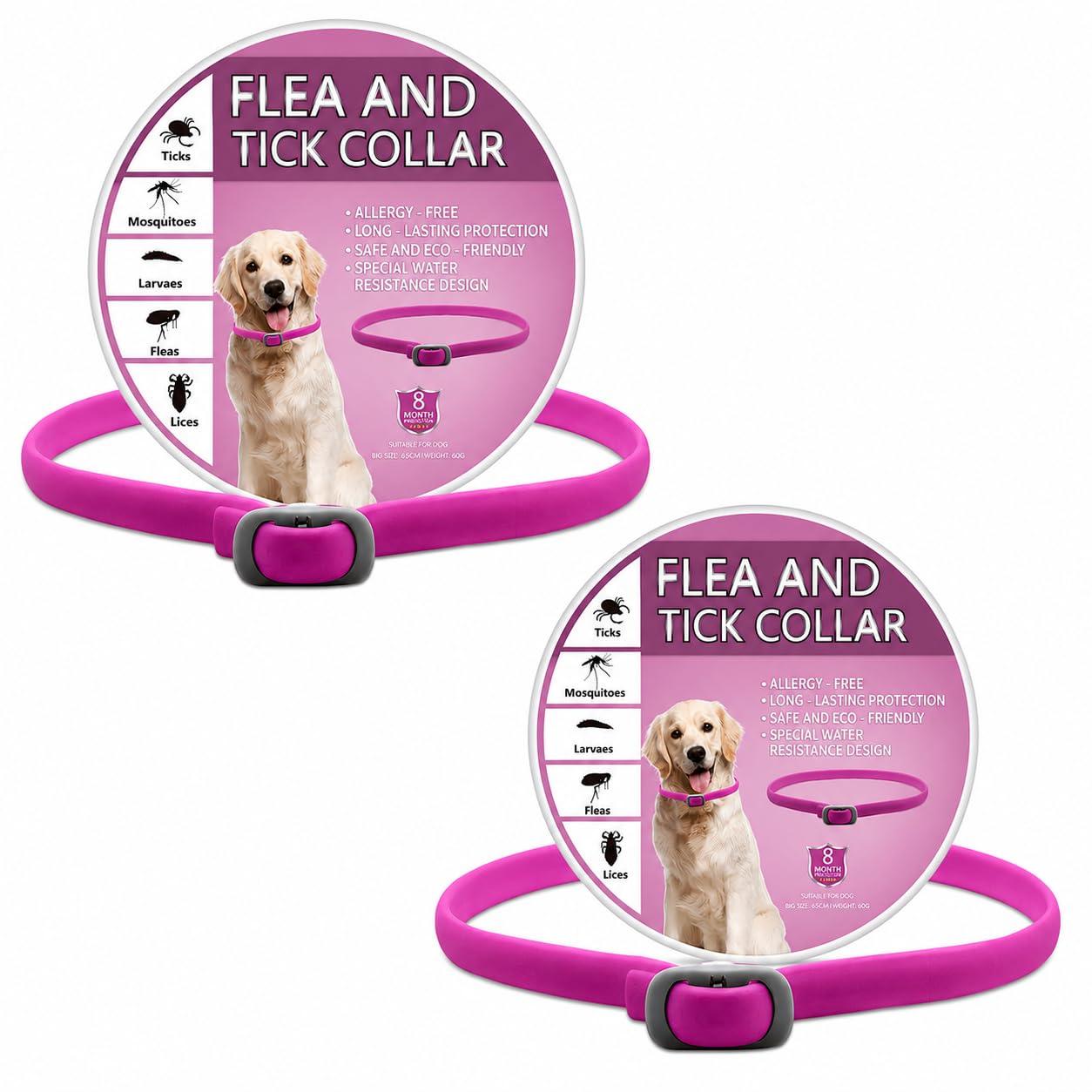 Dog Repellent Collar 2 Pack, Adjustable 65cm Water-Resistant Repellent Collar, Long-Lasting Natural Protection, Cut-to-Size Design for Small Medium Large Dogs (Pink)