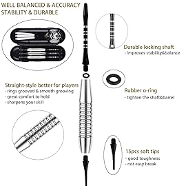 Darts Plastic Tip Set - 18g Soft Tip Darts - 16g Dart Barrels w/ 50 O-Rings + 6 ShaftsBlack Aluminum & White Plastic Rods + Extra 50 Replacement Soft Tips Accessories for Electronic Dart Board