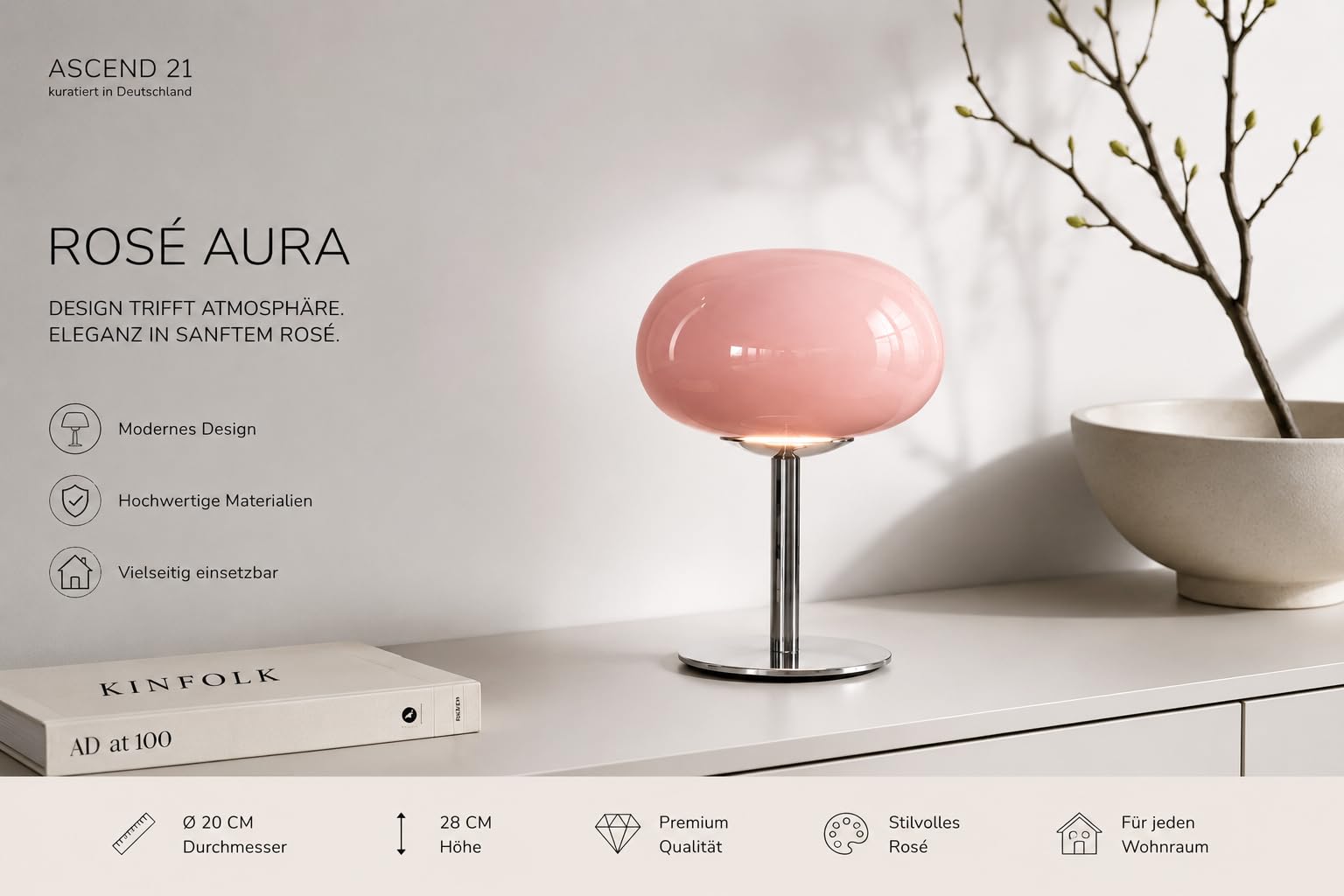 Rosé Aura – Moderne Design-Tischlampe aus Metall & Glas – Rosa Pilzlampe Ø 20 cm – 28 cm Höhe – Elegante Deko-Leuchte für Wohnzimmer, Schlafzimmer & Sideboard