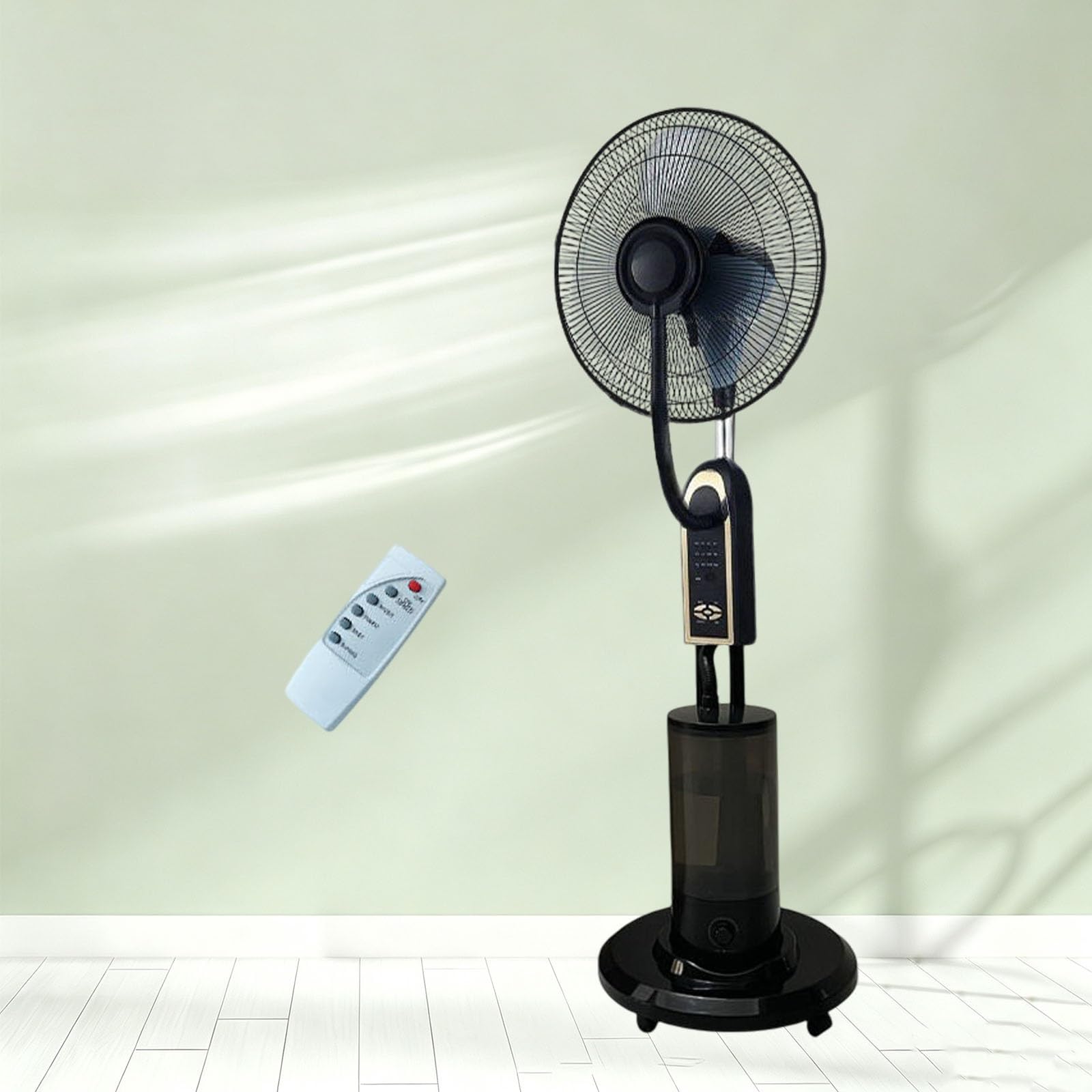 Ventilatore a piantana con nebulizzatore da 16 pollici | Con serbatoio dell'acqua da 4 L, timer da 7,5 ore, 3 velocità del vento, telecomando e pannello di controllo(A)