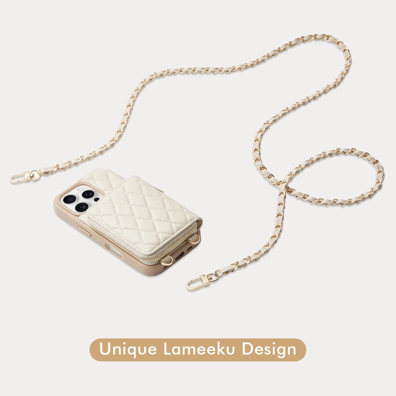 LAMEEKU Compatible with iPhone 16 Pro Wallet Case with Card Holder,Quilted Leather Zipper Crossbody Case for Women Design for iPhone 16 Pro 6.3" Beige - Image 8