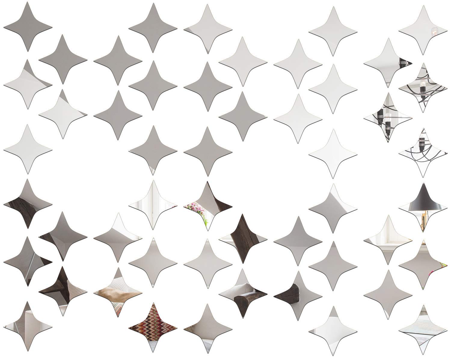 Wall1ders 50 Four Point Star Silver Mirror Stickers for Wall, Acrylic Mirror Wall Decor Sticker, Wall Mirror Stickers, Acrylic Stickers, Wall Stickers for Hall Room, Bed Room, Kitchen.
