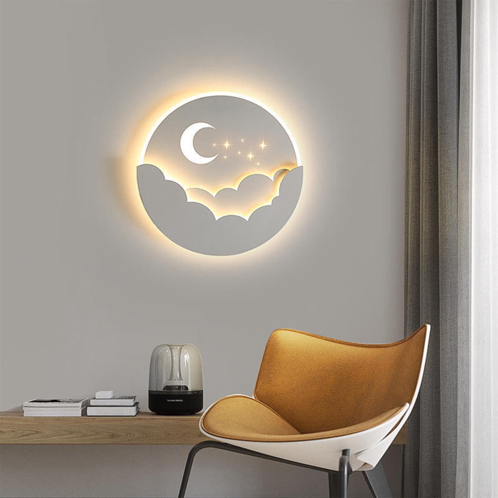 Lampade da Parete, luci a LED per Interni, Moderne, dimmerabili, a Forma di Luna e Sole, con Telecomando, in Alluminio Acrilico, Luce Notturna per Camera da Letto e Bambini/Bianco/