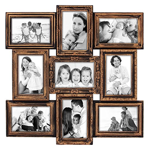 Hello Laura - 9 Opening Photo Frame Classic Royal Rustic Bronze Frame 18 x 18 Wall Hanging Photo Frame for 4 x 6 inch Photo Sockets x 9 Frame Edge | Gallery Style