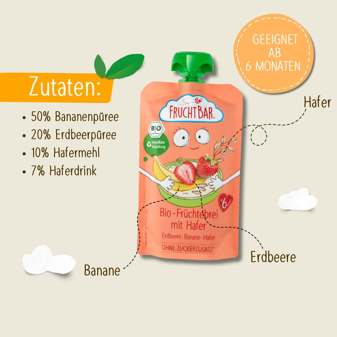 FruchtBar-Bio Quetschie, Vorratspack, Fruchtpüree für Babys ab 6 Monaten & Kinder (24 Stück, Bio Früchtebrei Erdbeere-Banane-Hafer)