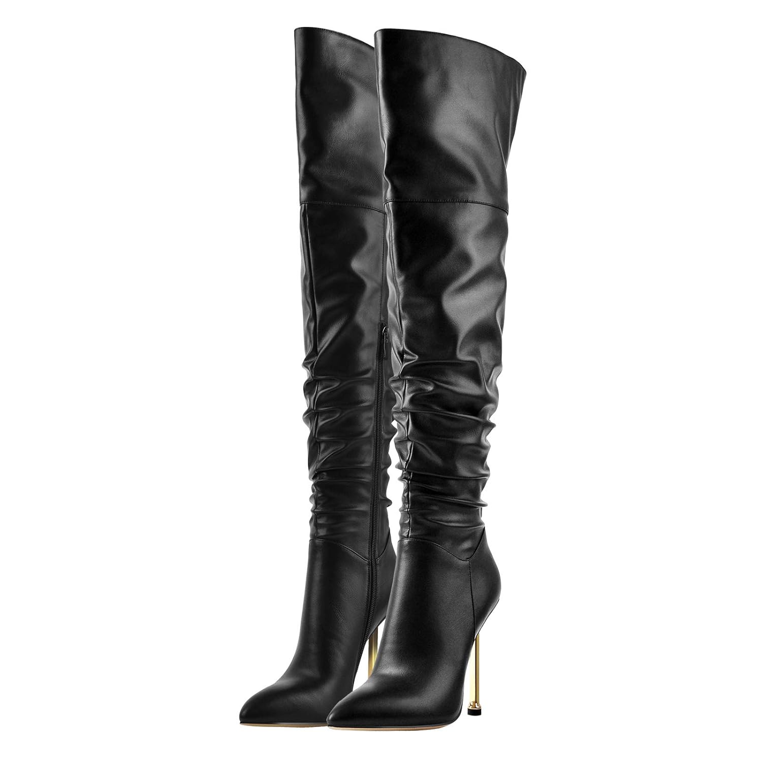 LISHAN Womens Over the Knee High Boots Zip Up Pointed Toe Golden Metal Stilettos