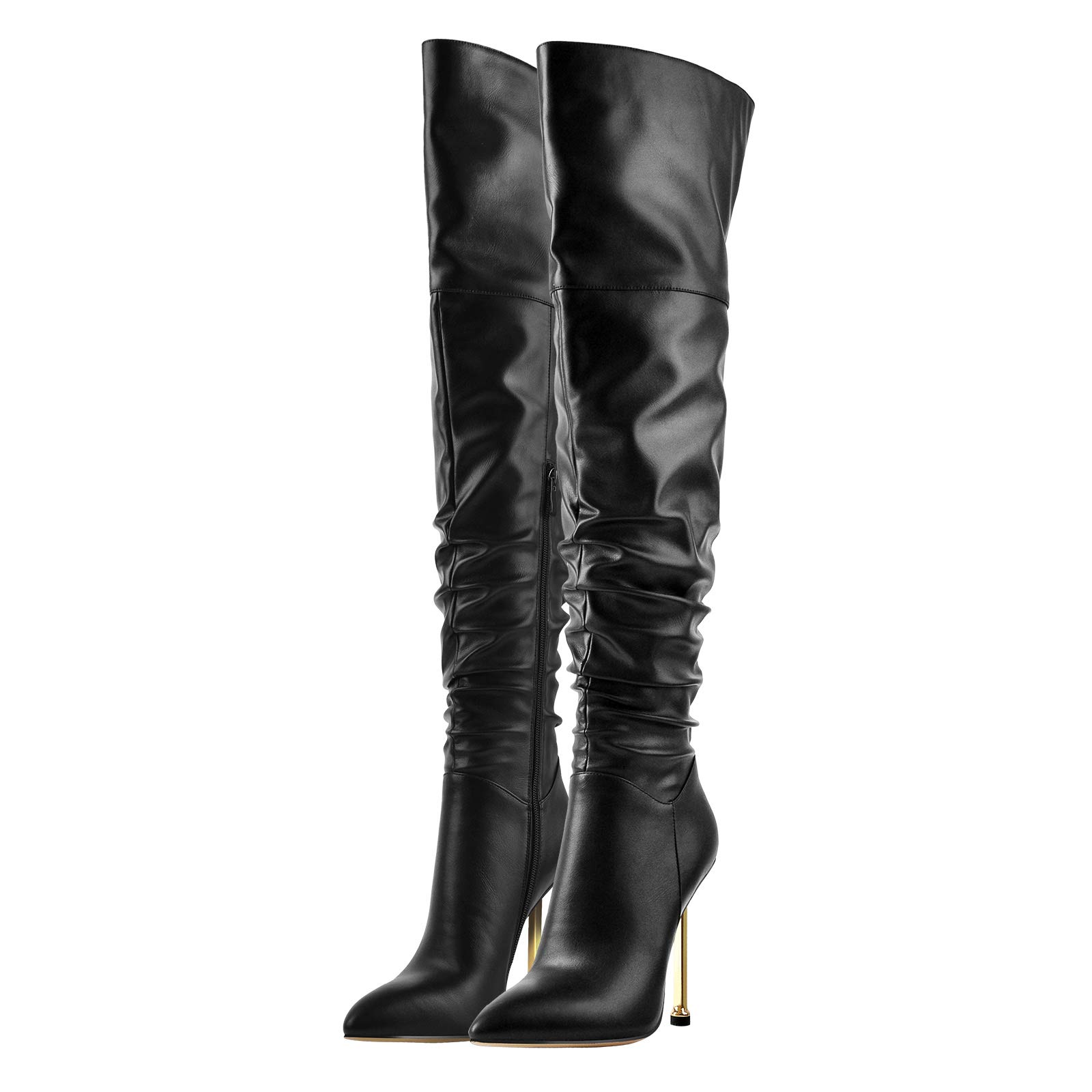 LISHAN Womens Over the Knee High Boots Zip Up Pointed Toe Golden Metal Stilettos