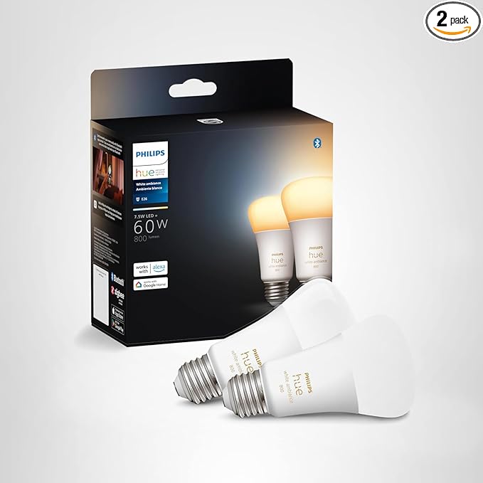 Philips Hue Smart 60W A19 LED Bulb - White Ambiance Warm-to-Cool White Light - 2 Pack