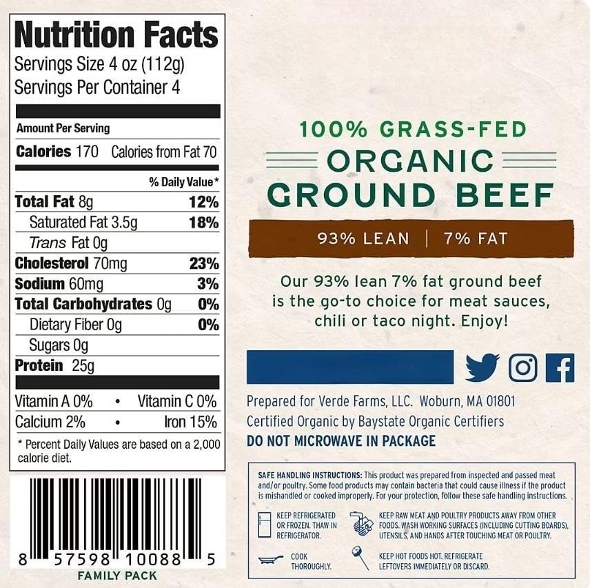 Organic Grass Fed 93% Ground Beef, is U.S. inspected and passed by Department of Agriculture. Safe Handling Instructions: Keep refrigerated or frozen. 3 PK * 1 LB .. Total Weight [ 48 oz, 3 lb ]