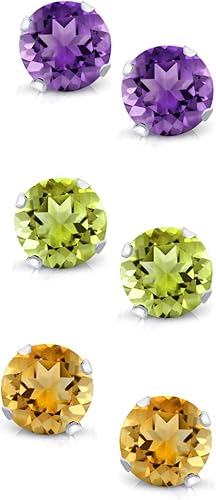 Miniatura 2 de Gem Stone King Juego de 3 aretes redondos de amatista, citrino y peridoto de 0.157 in para mujeres y hombres en plata de ley 925, Plata de ley,