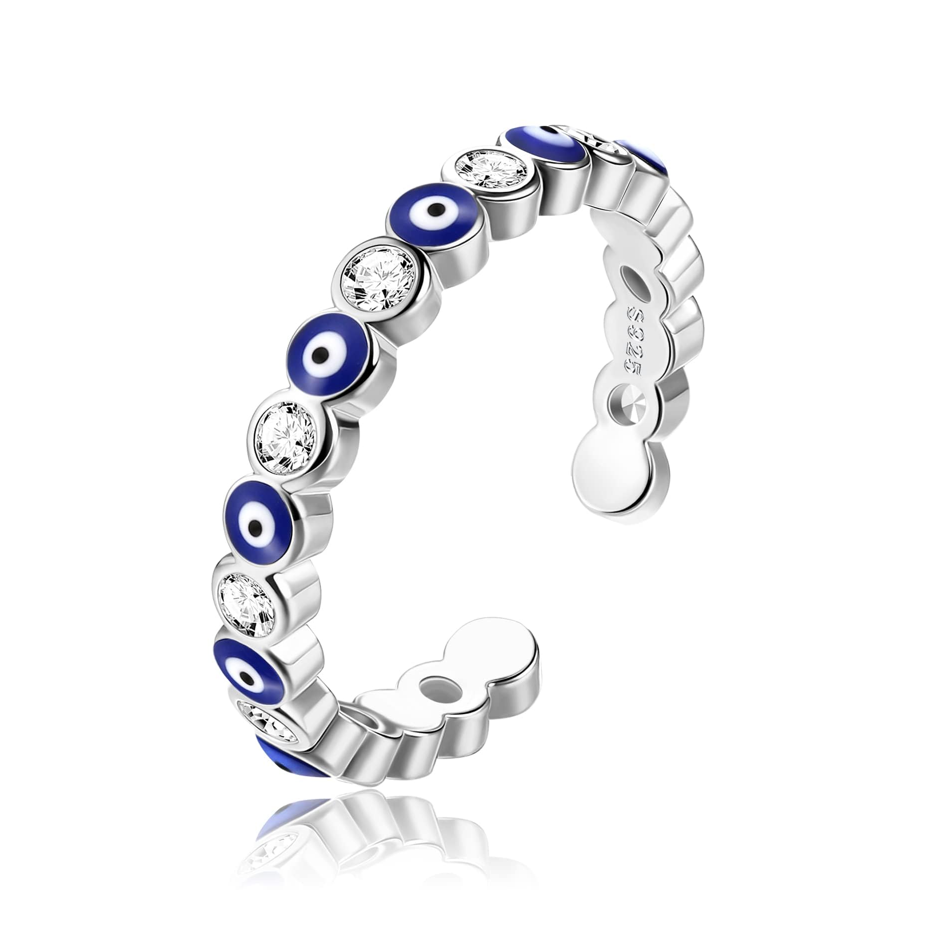 BESTEEL925 Sterling Silver Rings for Women Silver Evil Eye Ring 18K White Gold Plated Blue Evil Eye Jewellery Hamsa Open Ring Fashion Lucky Protection Jewellery for Women Adjustable Evil Eye Rings