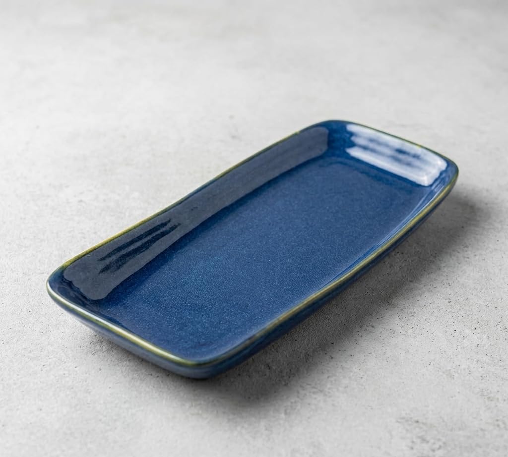 Crazy Sutra Naturra Blue Slide Ceramic Serving Platter | Rectangular Stoneware Snack & Appetizer Tray | Modern Dinner Serveware-image-5
