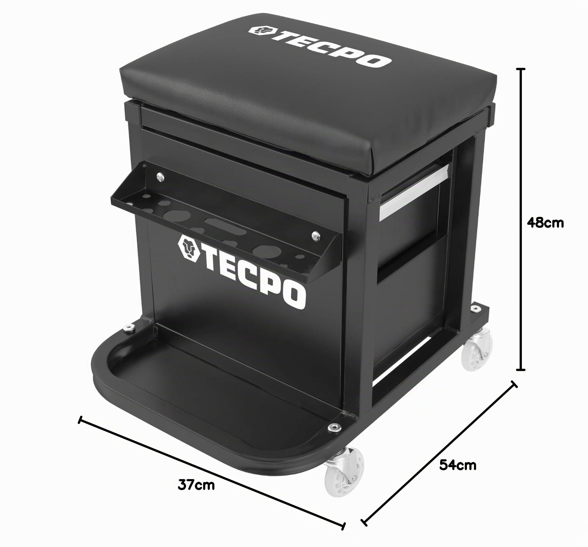TECPO Tabouret d'atelier avec capacité de charge de 150 kg, tiroirs, compartiments de rangement, hauteur réglable, tabouret d'atelier, tabouret de montage, siège à roulettes