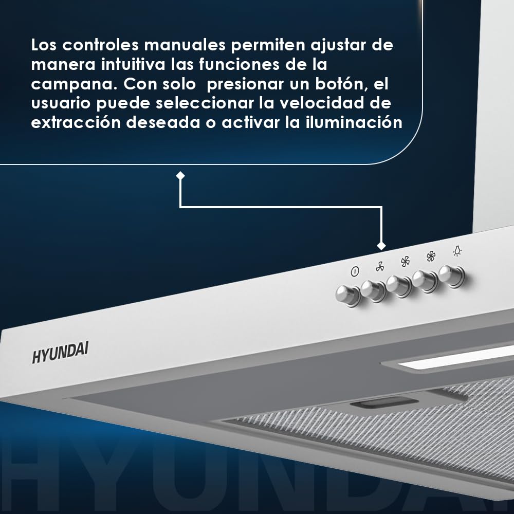 Hyundai Campana Extractora Tipo T 60cm Inox HCPT600BX. Potencia 66,5m3/h, Tiro Doble, 3 Velocidades, Control Manual, Filtro apto para Lavavajillas.