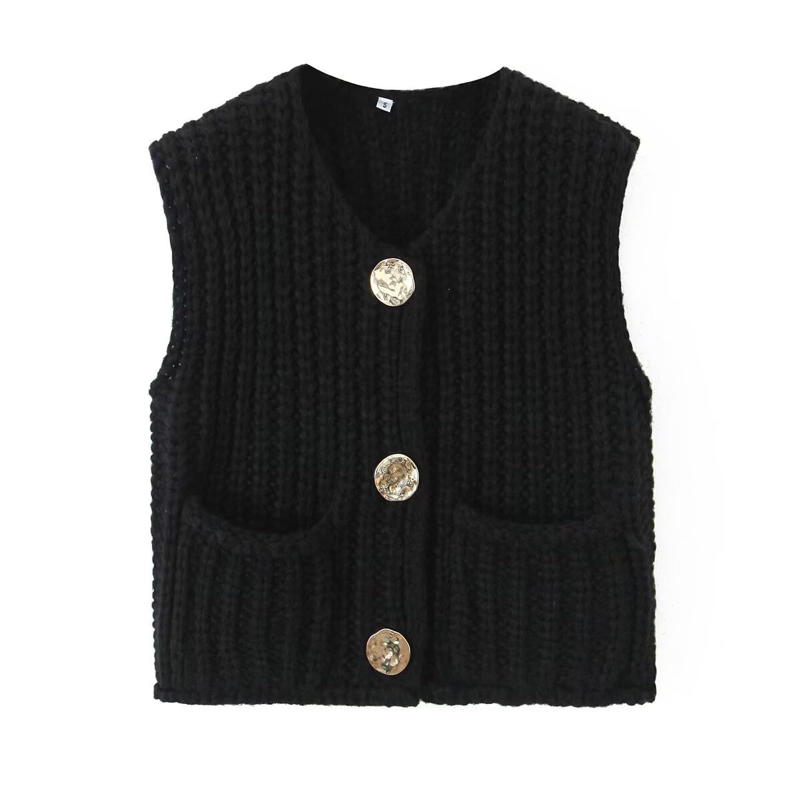 Womens Cropped Sweater Vest Cute Crewneck Cardigan Casual Button Down Cropped Knitted Sweater Vest with Pockets