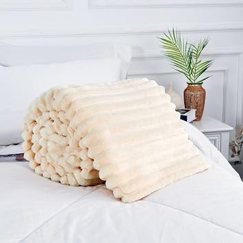 Ribbed Jacquard Bed Blanket Fluffy Warm Throw Blanket for Sofa Couch Single Osum Soft Fleece Winter Twin/Double 150x200 cm Throws (Cream)