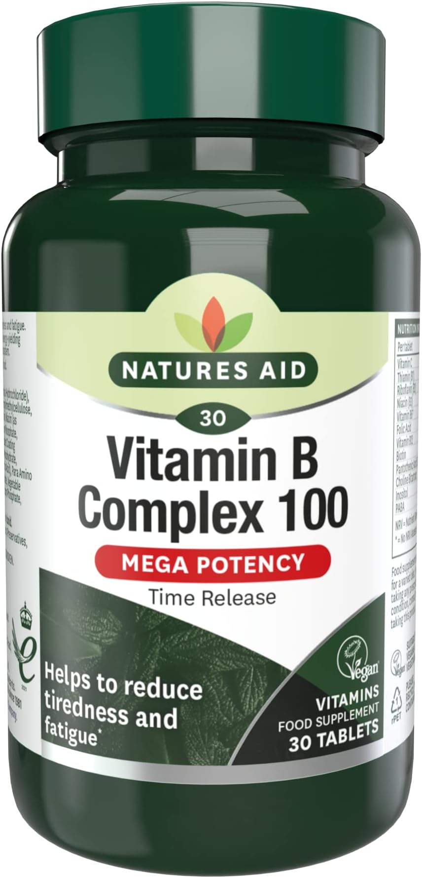 Natures Aid Vitamin B Complex 100 – High Potency B Vitamins 100mg for Energy, Metabolism, Nervous System & Immune Support – Vegan, Gluten Free, Non-GMO, Time Release – 30 Tablets