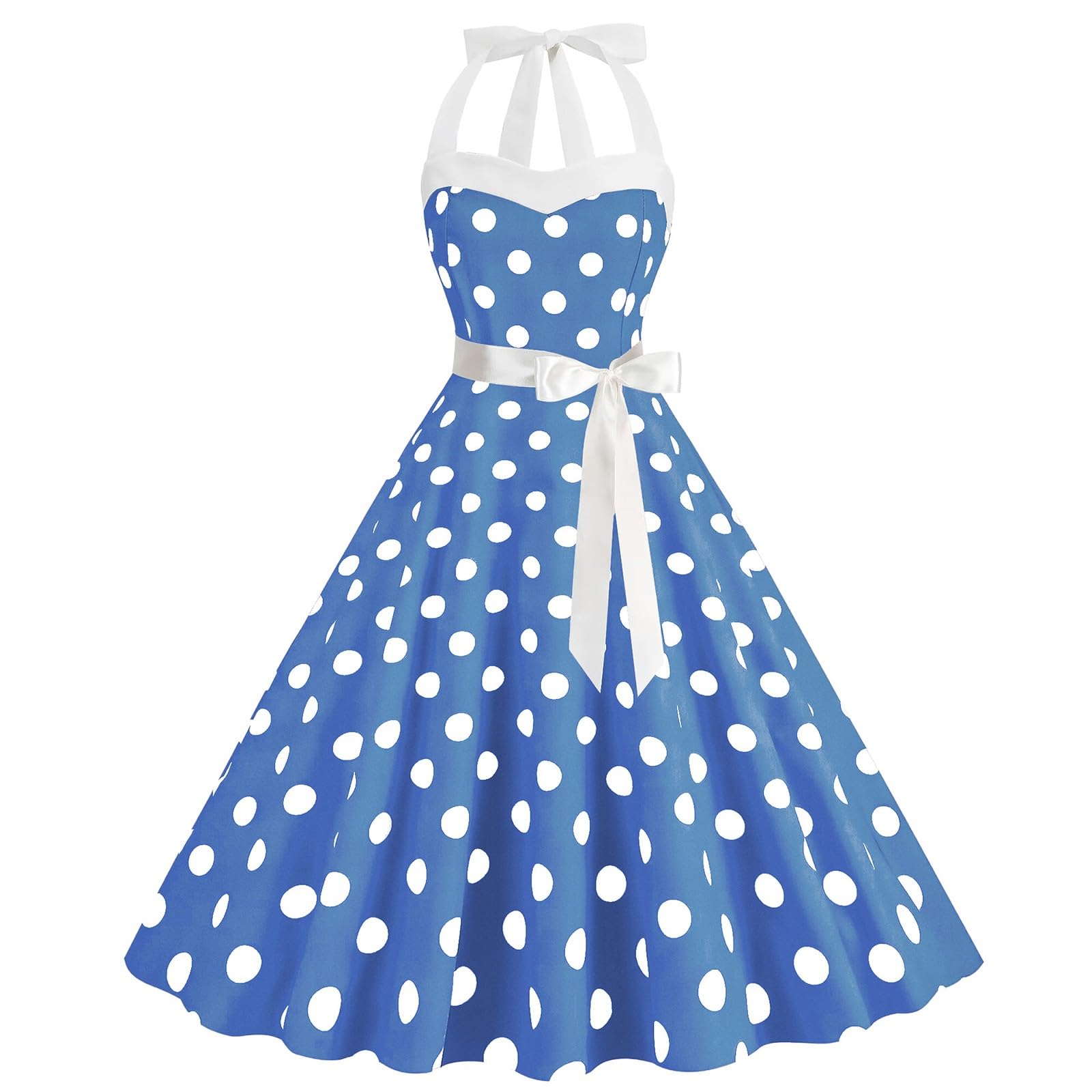 50s Polka Dots Dresses for Women UK Classic 1950s Vintage Cocktail Party Evening Dress Plus Size Casual Cosy 50S Fancy Dress for Adults Halterneck Sexy Polka Dots Dresses for Cocktail Party