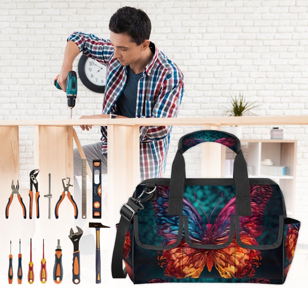 Colorful Butterfly Tool Bag with Multi-Pockets Wide Mouth Tool Tote Bag for Women and Men Waterproof Tool Organizer Storage Bag with Adjustable Shoulder Strap and Ergonomic Handle