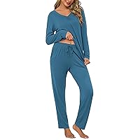 Bresdk Pigiama Donna Invernale Caldo Cotone Lungo Maglia a Maniche Lunghe con Scollo