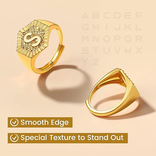 Miniatura 5 de KeyStyle Bold Initial Letter Rings Adjustable, GoldChic Jewelry Women Gold Statement Ring Personalized Engraved Womens Open Signet Ring for Party